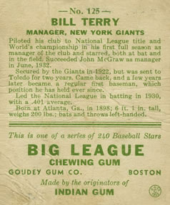 1933 Goudey (R319) #125 Bill Terry Back