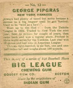 1933 Goudey (R319) #12 George Pipgras Back