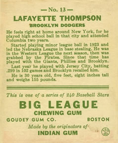 1933 Goudey (R319) #13 Lafayette Thompson Back