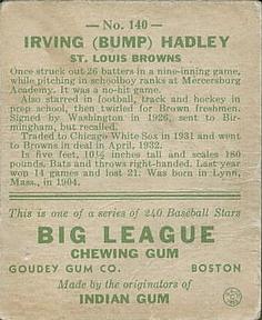 1933 Goudey (R319) #140 Bump Hadley Back