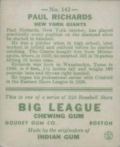 1933 Goudey (R319) #142 Paul Richards Back