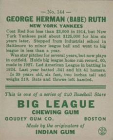 1933 Goudey #144 Babe Ruth Back