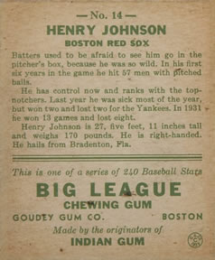 1933 Goudey (R319) #14 Hank Johnson Back
