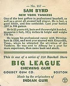 1933 Goudey (R319) #157 Sam Byrd Back