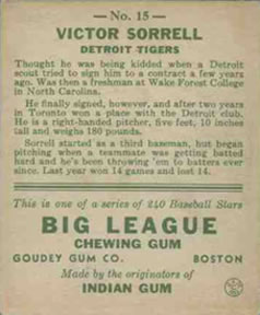 1933 Goudey (R319) #15 Victor Sorrell Back