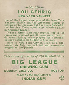 1933 Goudey (R319) #160 Lou Gehrig Back