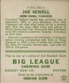1933 Goudey (R319) #165 Joe Sewell Back
