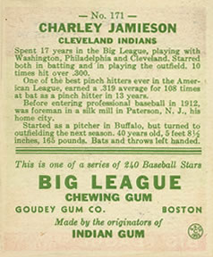 1933 Goudey (R319) #171 Charlie Jamieson Back
