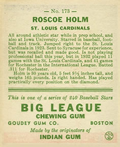 1933 Goudey (R319) #173 Roscoe Holm Back