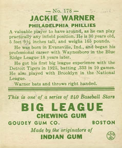 1933 Goudey (R319) #178 Jackie Warner Back
