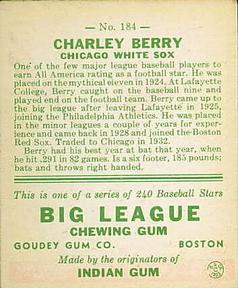 1933 Goudey #184 Charlie Berry Back