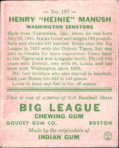 1933 Goudey (R319) #187 Heinie Manush Back