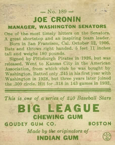 1933 Goudey (R319) #189 Joe Cronin Back
