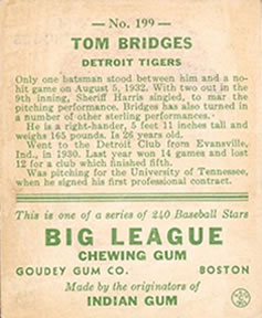 1933 Goudey (R319) #199 Tommy Bridges Back