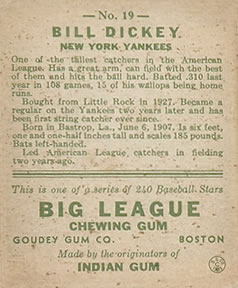 1933 Goudey (R319) #19 Bill Dickey Back
