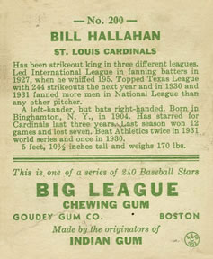 1933 Goudey (R319) #200 Bill Hallahan Back