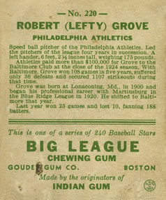 1933 Goudey (R319) #220 Lefty Grove Back