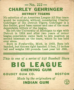 1933 Goudey (R319) #222 Charlie Gehringer Back