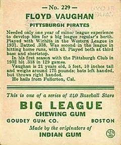 1933 Goudey (R319) #229 Arky Vaughan Back