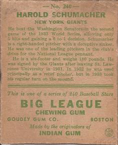 1933 Goudey (R319) #240 Hal Schumacher Back