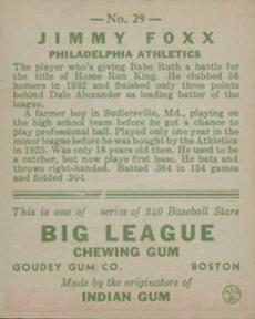 1933 Goudey (R319) #29 Jimmie Foxx Back
