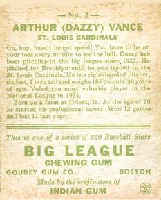 1933 Goudey (R319) #2 Dazzy Vance Back