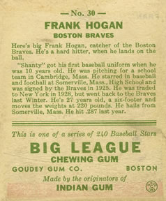 1933 Goudey (R319) #30 Shanty Hogan Back