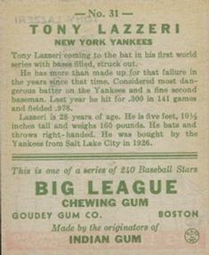 1933 Goudey (R319) #31 Tony Lazzeri Back