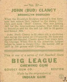 1933 Goudey (R319) #32 Bud Clancy Back