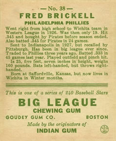 1933 Goudey (R319) #38 Fred Brickell Back