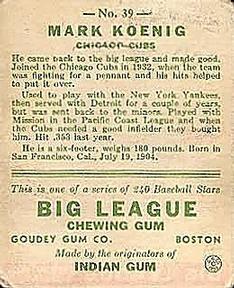 1933 Goudey (R319) #39 Mark Koenig Back