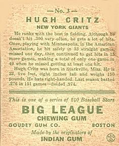 1933 Goudey (R319) #3 Hughie Critz Back