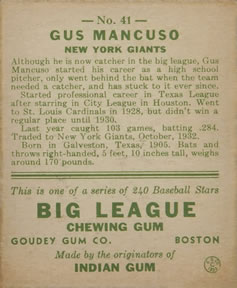 1933 Goudey (R319) #41 Gus Mancuso Back