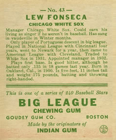 1933 Goudey (R319) #43 Lew Fonseca Back