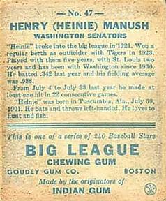 1933 Goudey (R319) #47 Heinie Manush Back