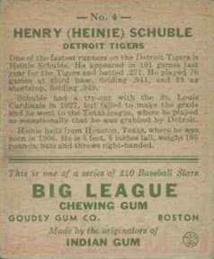 1933 Goudey (R319) #4 Heinie Schuble Back