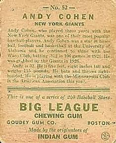 1933 Goudey (R319) #52 Andy Cohen Back