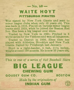 1933 Goudey (R319) #60 Waite Hoyt Back