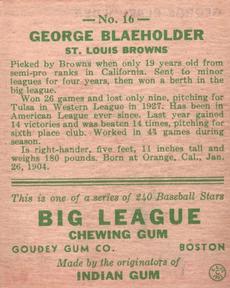 1933 Goudey (R319) #16 George Blaeholder Back