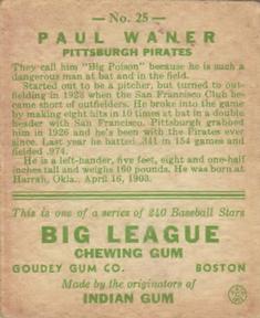 1933 Goudey (R319) #25 Paul Waner Back
