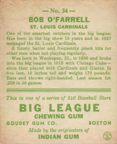 1933 Goudey (R319) #34 Bob O'Farrell Back
