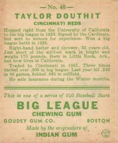 1933 Goudey (R319) #40 Taylor Douthit Back