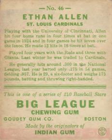 1933 Goudey (R319) #46 Ethan Allen Back