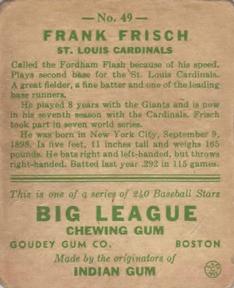 1933 Goudey (R319) #49 Frank Frisch Back
