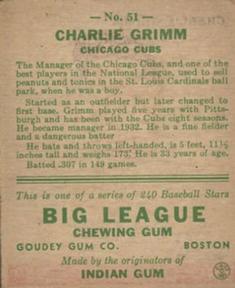 1933 Goudey (R319) #51 Charlie Grimm Back