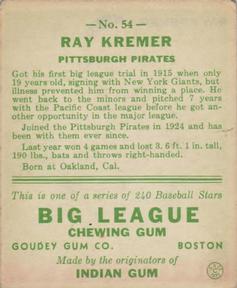 1933 Goudey (R319) #54 Ray Kremer Back