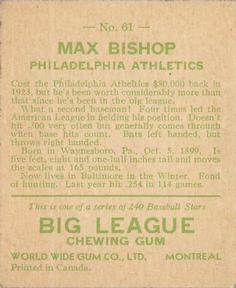 1933 Goudey (R319) #61 Max Bishop Back