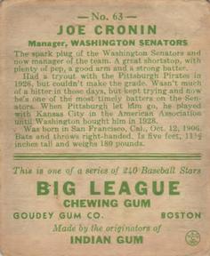 1933 Goudey (R319) #63 Joseph Cronin Back