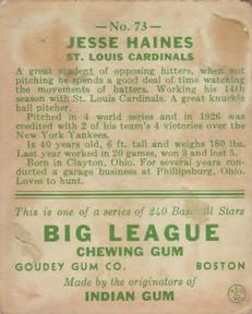 1933 Goudey (R319) #73 Jesse Haines Back