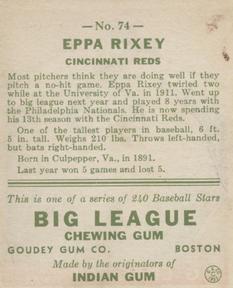 1933 Goudey (R319) #74 Eppa Rixey Back